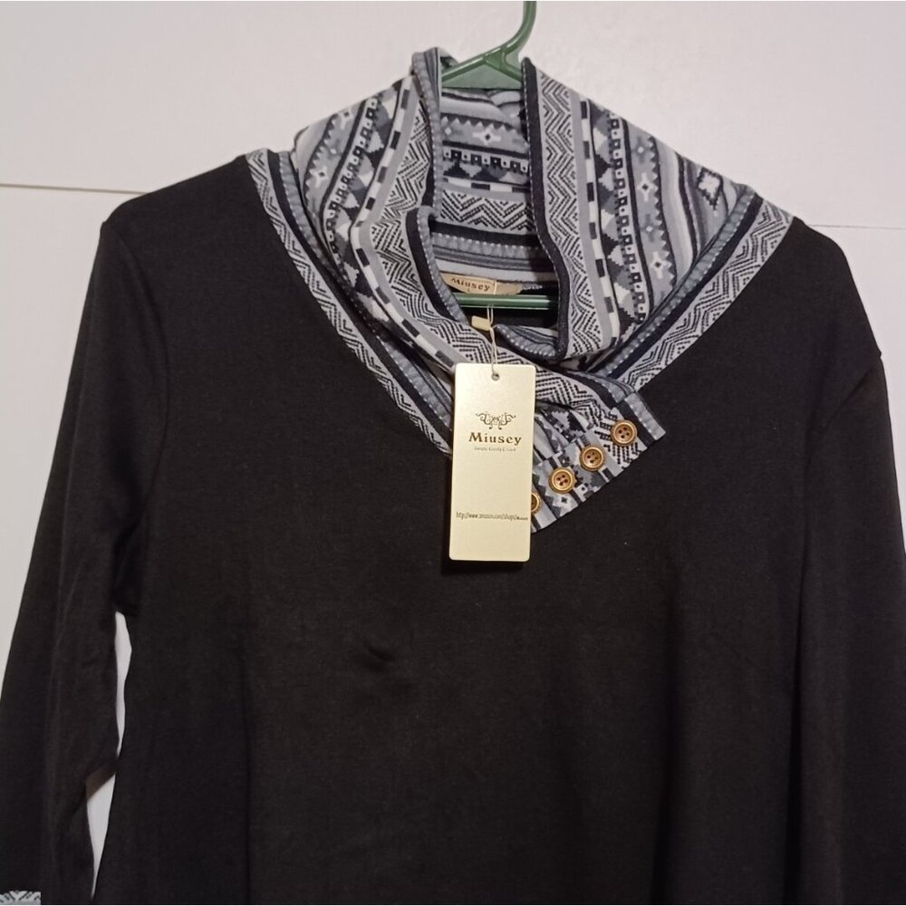 Miusey Women's LS Cowl Neck Form Fitting Casual Tunic Top Blouse(Black, Gray L) - Picture 3 of 7